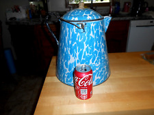 COOL Large Cowboy Coffee Kettle Vintage Granite Enamel Ware Blue White swirl picture