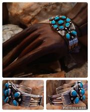 Fine Old Navajo “BLUE GEM TURQUOISE” 12-Stone STERLING SILVER CLUSTER CUFF picture