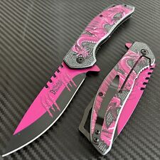 8.75” Tactical Pink Dragon Engraved Spirng Assisted Open Pocket Knife Hunting picture