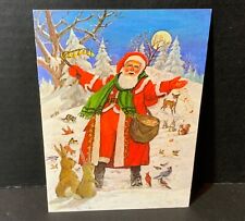 VTG Famous Artist Studios Christmas Card Santa With Woodland Animals Rings Bells picture