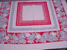 Vtge 1950s Heavy Cotton Tablecloth Blue & Red Floral Print 47
