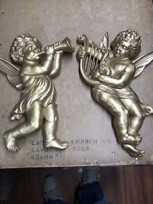 2 Vintage 1963 SYROCO 4775A 4775B Gold Cherubs Trumpet & Harp Wall Hangings picture