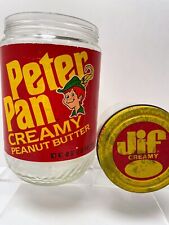 RARE VTG 70s 80s PETER PAN Creamy Peanut Butter GLASS JAR w/LABELS graphic & Jif picture
