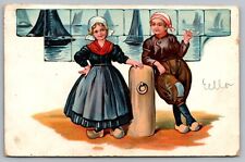 Postcard Dutch Girl and Boy Clogs Boats Holland picture