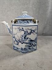 Vintage Japanese Hexagon Porcelain & Brass Teapot Cherry Blossom  picture