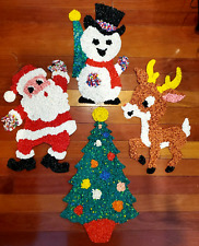 4 PC Lot VTG Melted Popcorn Plastic 1970s Christmas Snowman Santa Reindeer Tree picture