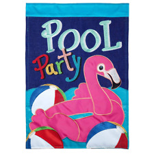 Pool Party Burlap Flamingo House Flag Double Applique large picture