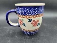 Handmade Polish Pottery Coffee Mug Roses blue white dots picture
