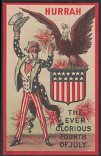 Fourth of July postcard c 1910 Uncle Sam holds claw of Eagle; fireworks pop picture