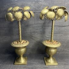 Mid Century Modern Solid Brass Palm Tree Candlestick Pair MCM Tropical Decor picture