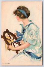 Hamilton King~Pretty Woman in Sailor Dress at Ship Wheel~Blue Headband~No 3 picture