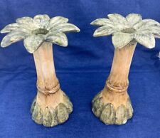 2 Vtg Palm Tree Hand Painted Ceramic Candle Holder Italy Tropical Coastal Beach picture