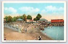 c1915-30s~Salem Willows Massachusetts MA~Beach Bathers~Pier & Cafe~VTG Postcard picture