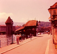1970s Lucerne Switzerland  Bridge Over Lake Quaint Buildings 35mm Photo Slide picture