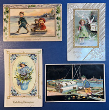4 Children New Year Antique Postcards, EMB, Gold Trim, Foreign. 1908 era. 1 EAS picture