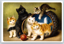 Postcard NEW Vintage Painting of Cats Playing in Basket with Ball 6x4 A23 picture