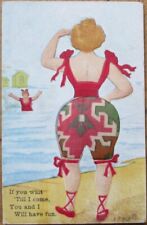 Risque Novelty 1908 Postcard, Bathing Beauty with 3D Fabric Behind on Beach picture