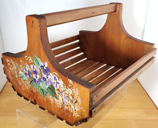 Handmade Country Wooden Slat Basket Storage Caddy Painted Flowers Artist Signed picture