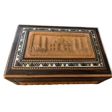 Antique Rare Wooden Beautiful Fine Hand Carved Taj Mahal On Lid Jewelry Box picture