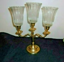 ANTIQUE Brass Candelabra Three Candle Holders With  Glass Shades BEAUTIFUL picture