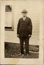 RPPC Man suit hat glasses by house ~ 1918-30s real photo postcard sku953 picture
