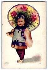 c1905 Cute Girl Curly Hair Umbrella Chinese Art Unposted Antique Postcard picture