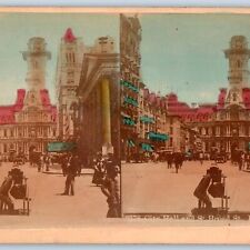 c1880s Philadelphia, PA City Hall Broad St Stereoview Hand Colored Photo V28 picture