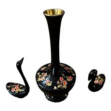 Brass Enamel Vase Pair Of Swans Flowers Floral Black 6.5