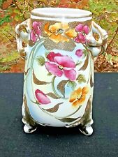 NIPPON HAND PAINTED 3 TOED FLORAL VASE  2  ORNATE HANDLES  ANTIQUE picture
