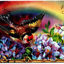 c1910s European Goldfinch Bird Happy Birthday Colorful Postcard Rainbow Lily A86 picture