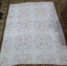 Vintage Handmade Pink Rose Cross Stitch Tablecloth  50 x 68  Cottage Shabby Chic picture