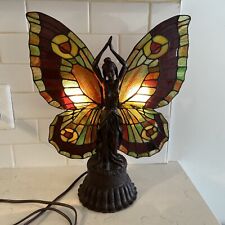VTG Tiffany style Stained Glass Two Light Specialty Butterfly Lady Table Lamp picture
