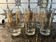 Vintage MCM Georges Briard GOLD Owl Highball Drinking Glasses, set of 7 picture