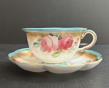 Antique George Jones & Sons CRESCENT Hand Painted Roses Teacup & Saucer Set picture