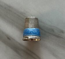 Rare Sterling Silver Blue Enamel Band Thimble Marked On Top.  picture