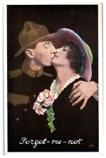 Forget-Me-Not WWI Military Sweetheart Kissing Pink Rose Soldier Goodbye Postcard picture