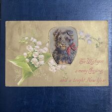 Antique Vtg 1907 Merry Christmas Happy New Year PostCard Gold Ribbon Dog Alabama picture