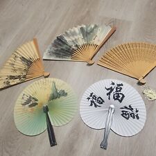 Bundle Of Oriental Asian Hand Fans Lot of 5 Paper Wood  picture