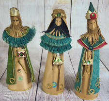 Vintage Christmas Holiday Nativity Set of 3 Wise Men Paper Brown Blue Green 9