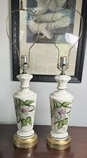 Pair Vintage Lamps Porcelain Brass Hand Painted Hibiscus MCM Floral 1940s 1950s picture