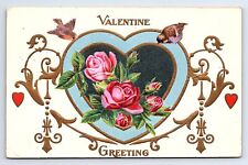 Postcard Valentine Greeting Pink Roses & Sparrows c.1910 picture