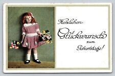 c1918 Red Haired Girl with Flowers in Hand Birthday Wishes ANTIQUE Postcard 1060 picture