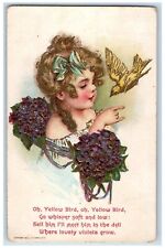 Conwell Signed Postcard Pretty Little Girl Flowers Bird Embossed c1910's Antique picture