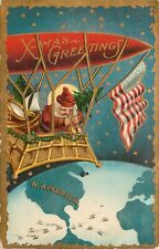 Embossed Christmas Postcard Santa Rides Balloon Rocket over Panama Canal US Flag picture