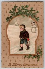Merry Christmas Little Boy Carrying Ice Skates Snowman Postcard 1910s picture
