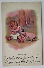 1906 PC Dog Attacks  Little Girl's Doll Glitter Greetings from Spring Mills PA picture