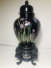 Vintage MIC Japan Black Porcelain Vase With Lid And Wood Display Stand picture