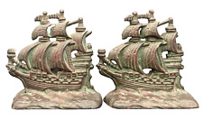 ANTIQUE HUBLEY CAST IRON BRASS PAINTED SAILING SHIPS BOOKENDS #381 picture