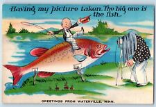 Waterville Minnesota Postcard Greetings Fishing Exaggerated 1957 Vintage Antique picture