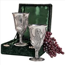 Set of 2: 8oz Overlaid Pewter on Pewter Dragon Wine Chalice Goblets and Gift Box picture